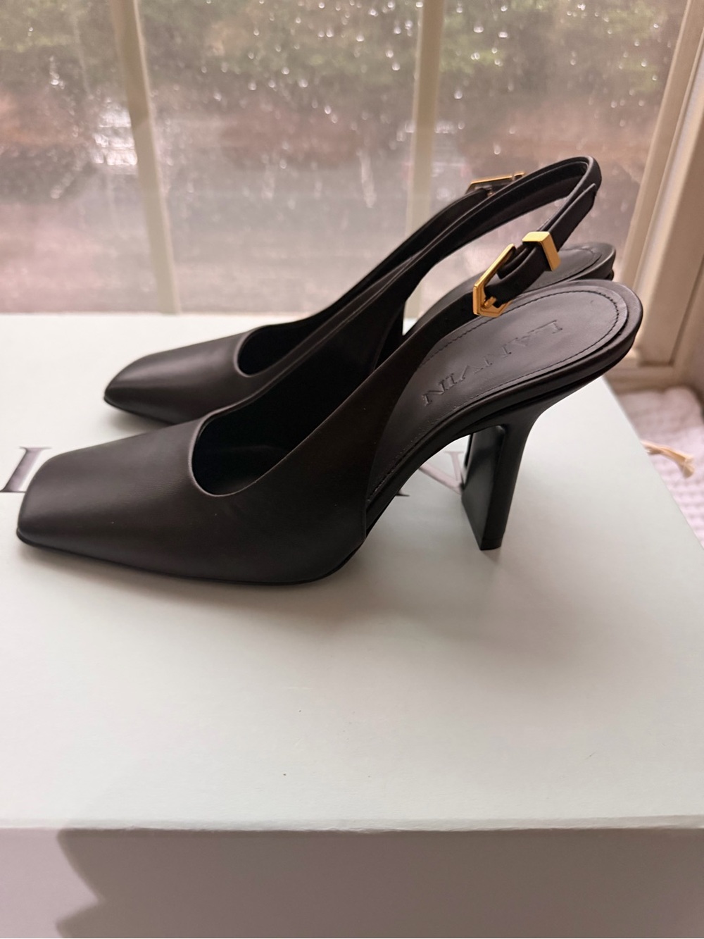 Lanvin Black Leather Slingback Heels Pumps Square Toe Size 35 US 5 NEW